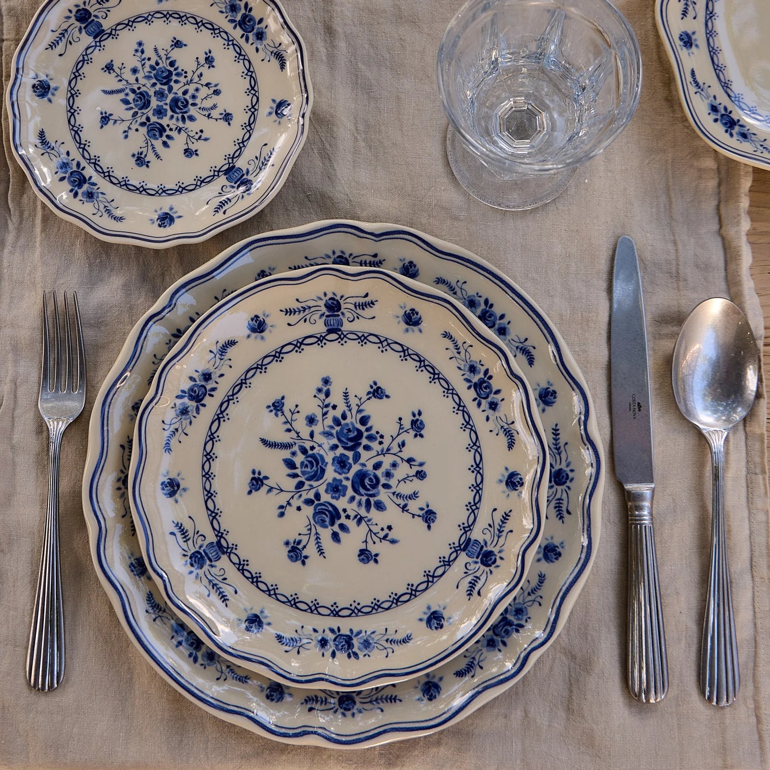 
Handmade Dinnerware Set "Vila", Beige & Blue, 30-piece