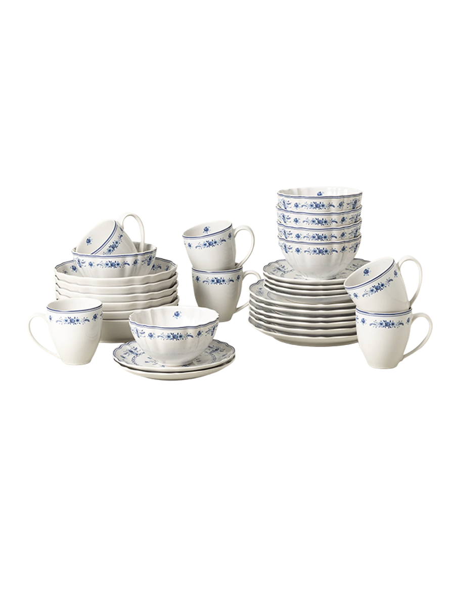 
Handmade Dinnerware Set "Vila", White & Blue, 30-piece