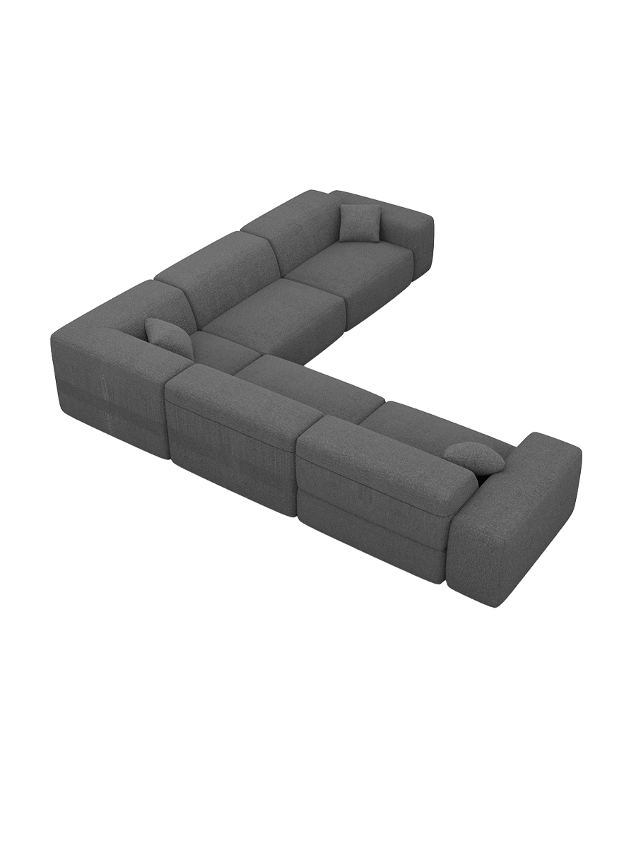 
Divano angolare di design „Alviera“ a 5 posti con funzione relax e rivestimento bouclé - Bouclé Grafite