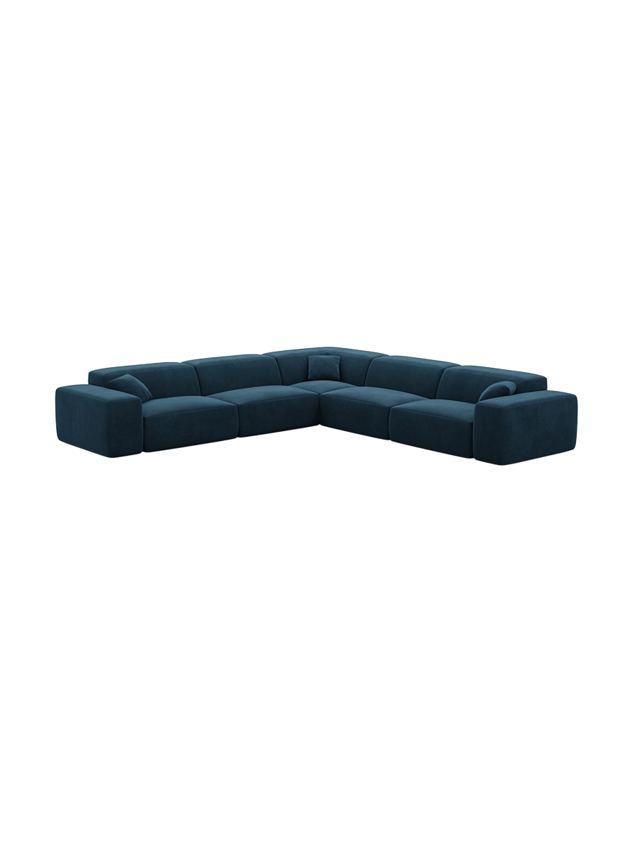 
Divano angolare di design a 5 posti „Alviera“ con funzione relax, rivestimento in velluto - Rivestimento in raso blu reale