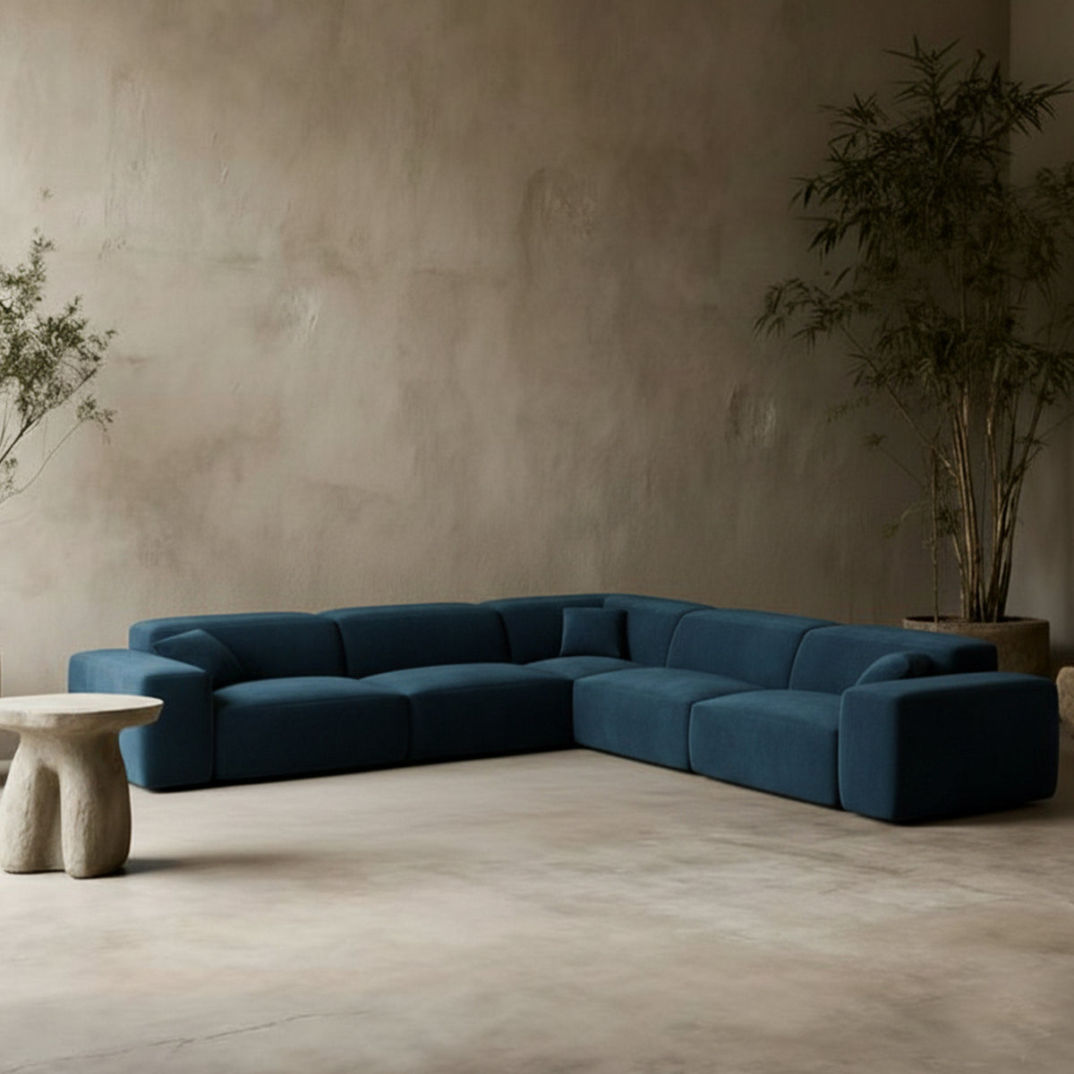
Divano angolare di design a 5 posti „Alviera“ con funzione relax, rivestimento in velluto - Rivestimento in raso blu reale