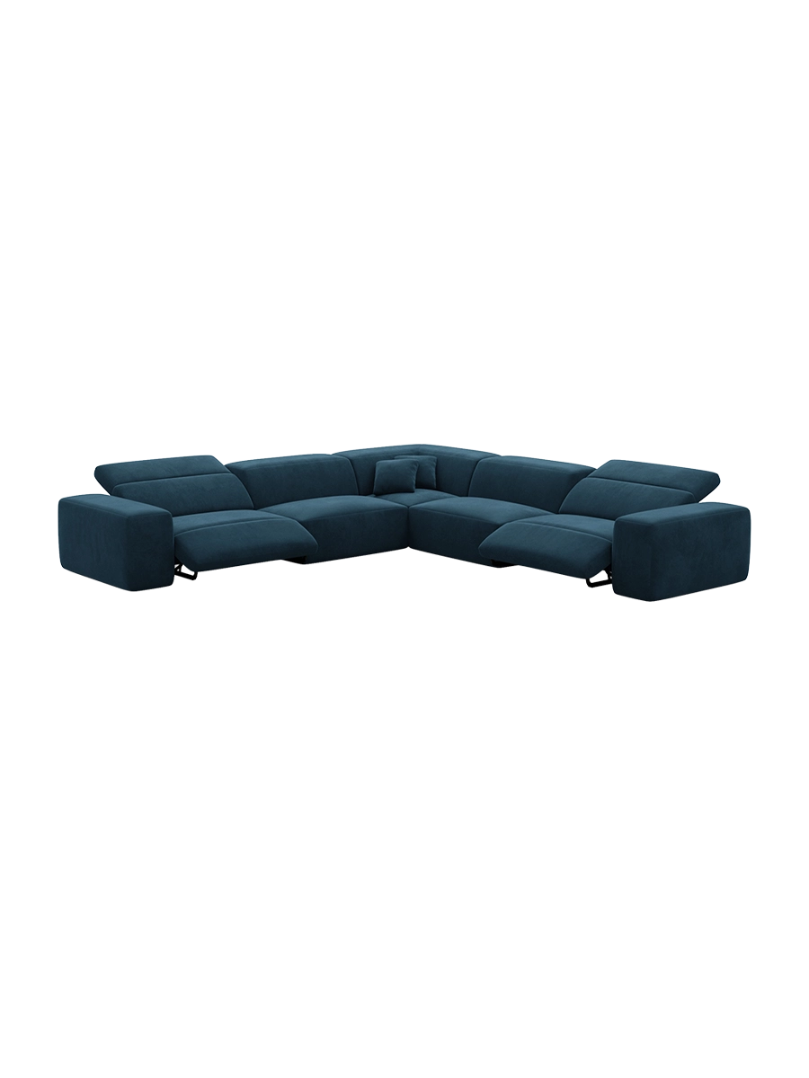 
Divano angolare di design a 5 posti „Alviera“ con funzione relax, rivestimento in velluto - Rivestimento in raso blu reale