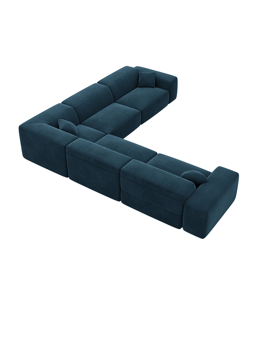 
Divano angolare di design a 5 posti „Alviera“ con funzione relax, rivestimento in velluto - Rivestimento in raso blu reale