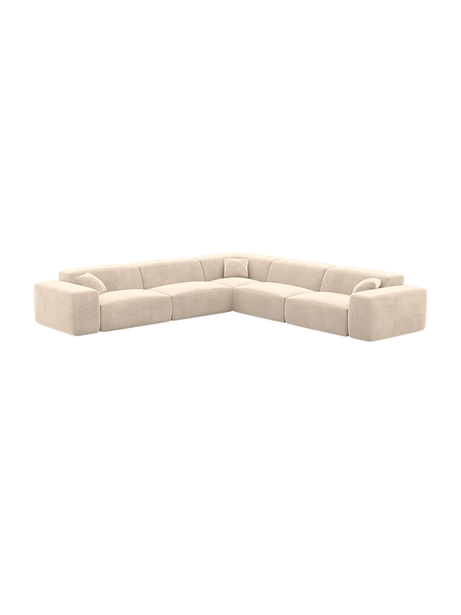
Divano angolare di design a 5 posti „Alviera“ con funzione relax, rivestimento in velluto - Rivestimento in raso blu reale