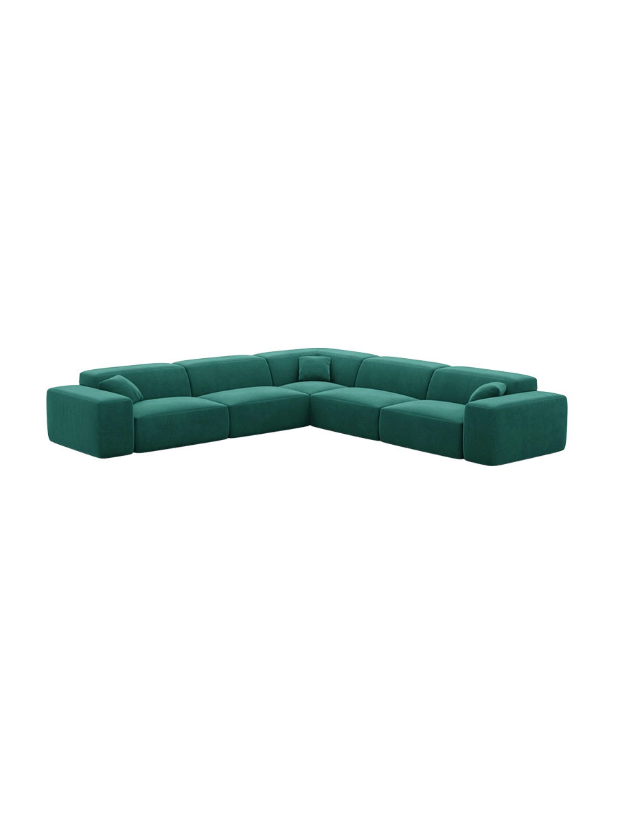 
Divano angolare di design a 5 posti „Alviera“ con funzione relax, rivestimento in velluto - Rivestimento in raso blu reale