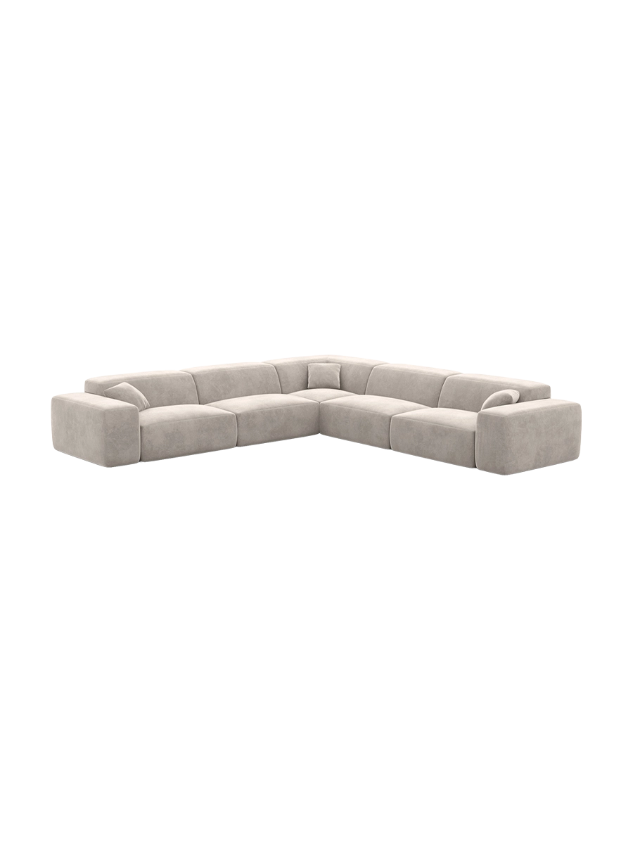 
Divano angolare di design a 5 posti „Alviera“ con funzione relax, rivestimento in velluto - Rivestimento in raso blu reale