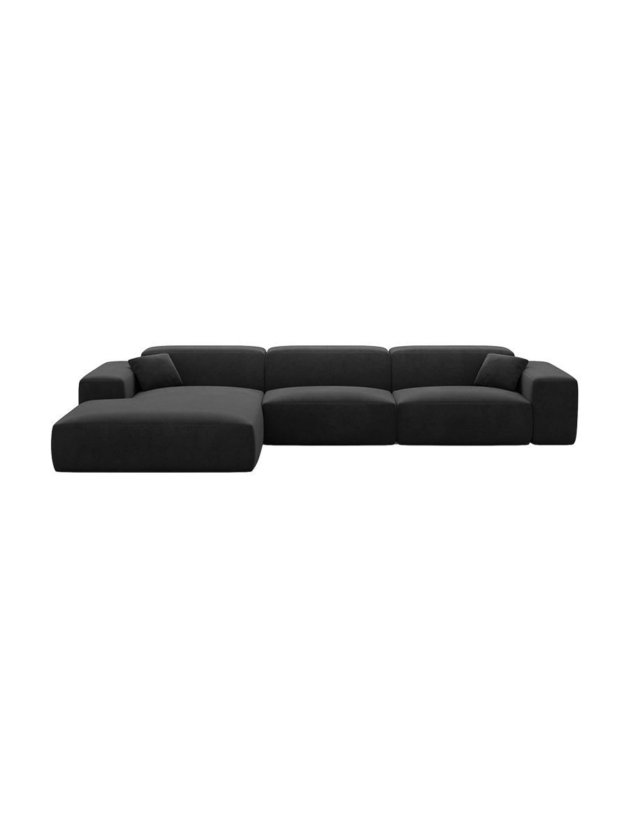 
Divano angolare di design a 4 posti „Alviera“ con funzione relax, rivestimento in velluto - Rivestimento in raso blu reale / Elemento angolare sinistro