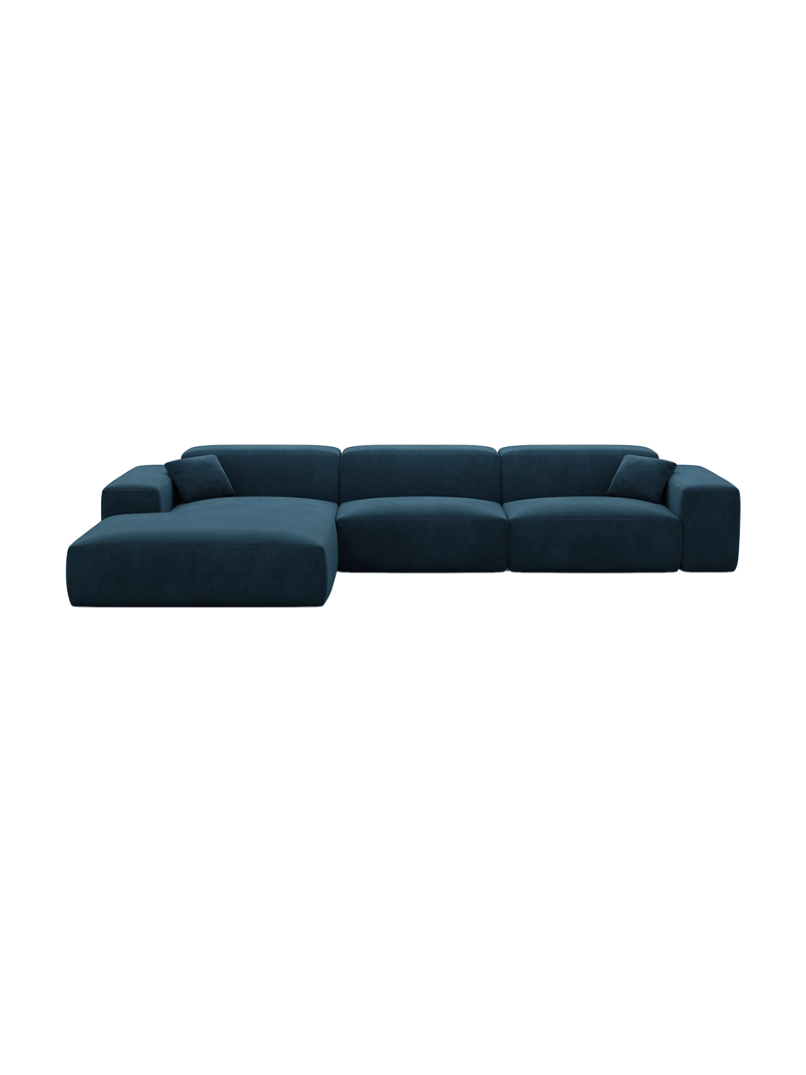 
Divano angolare di design a 4 posti „Alviera“ con funzione relax, rivestimento in velluto - Rivestimento in raso blu reale / Elemento angolare sinistro