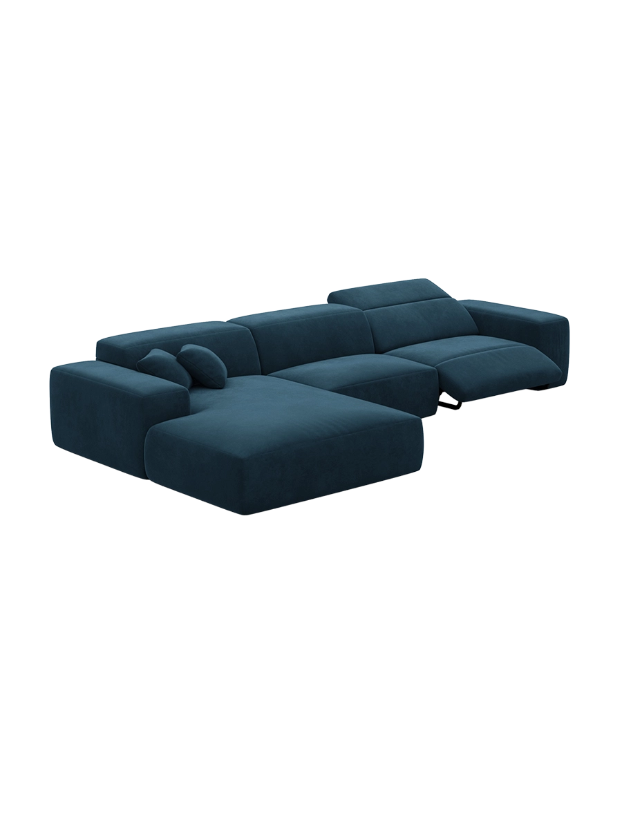 
Divano angolare di design a 4 posti „Alviera“ con funzione relax, rivestimento in velluto - Rivestimento in raso blu reale / Elemento angolare sinistro