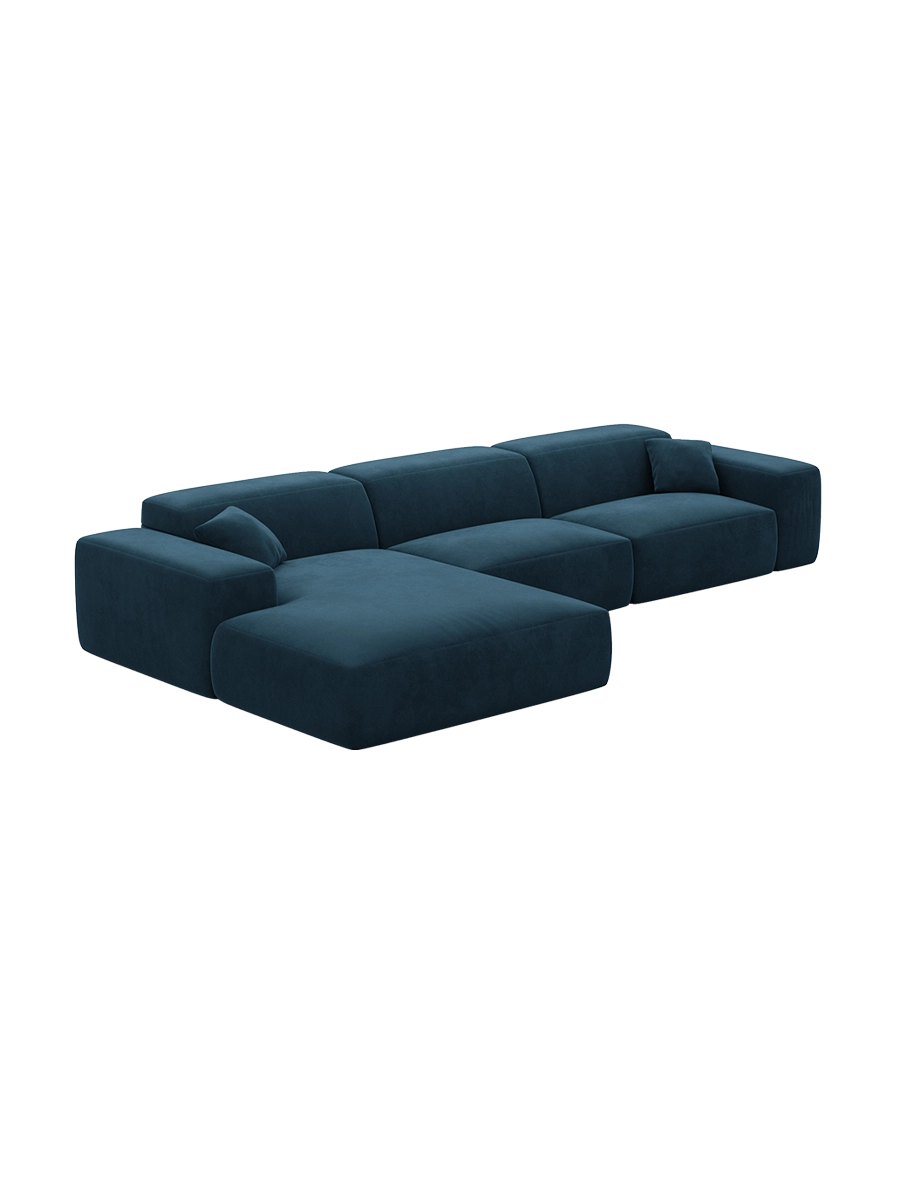 
Divano angolare di design a 4 posti „Alviera“ con funzione relax, rivestimento in velluto - Rivestimento in raso blu reale / Elemento angolare sinistro