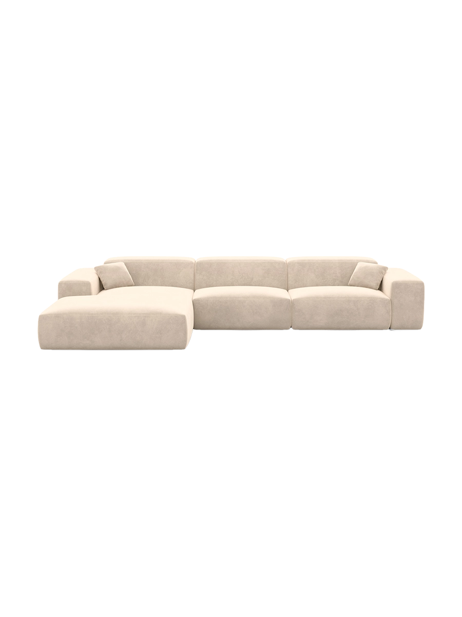 
Divano angolare di design a 4 posti „Alviera“ con funzione relax, rivestimento in velluto - Rivestimento in raso blu reale / Elemento angolare sinistro