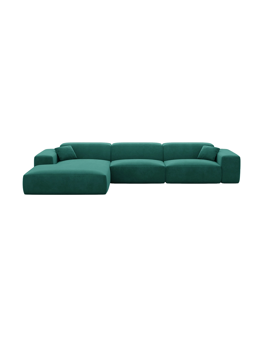 
Divano angolare di design a 4 posti „Alviera“ con funzione relax, rivestimento in velluto - Rivestimento in raso blu reale / Elemento angolare sinistro