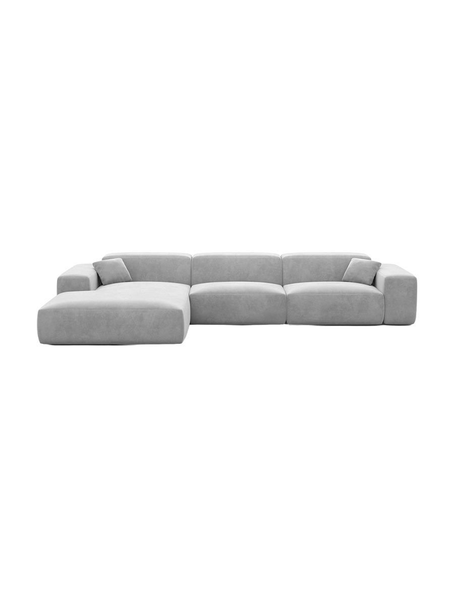 
Divano angolare di design a 4 posti „Alviera“ con funzione relax, rivestimento in velluto - Rivestimento in raso blu reale / Elemento angolare sinistro