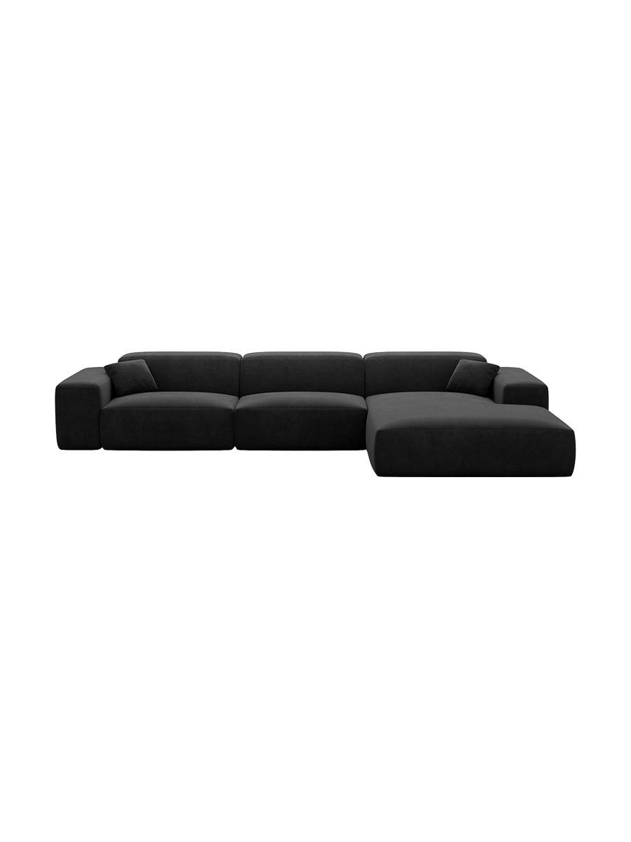 
Divano angolare di design a 4 posti „Alviera“ con funzione relax, rivestimento in velluto - Rivestimento in raso blu reale / Elemento angolare sinistro