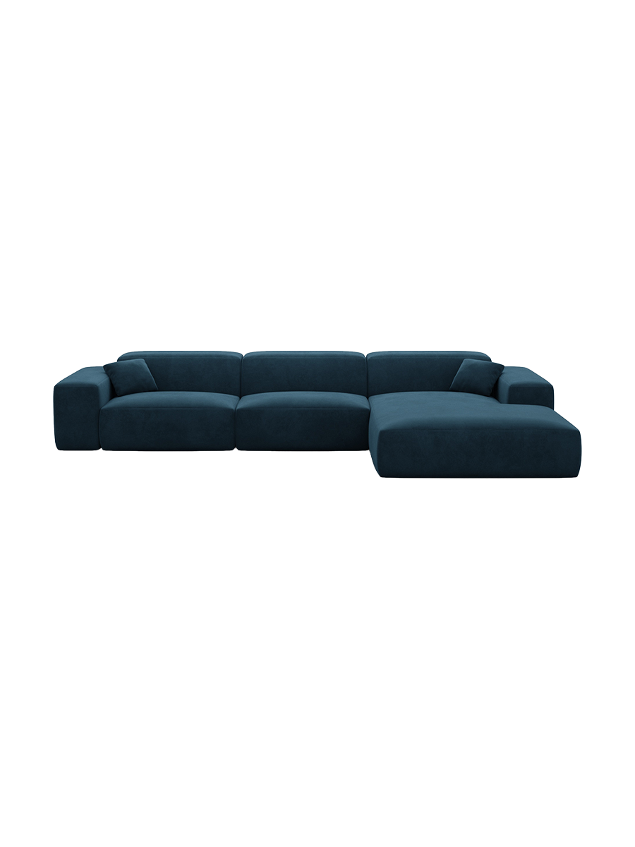 
Divano angolare di design a 4 posti „Alviera“ con funzione relax, rivestimento in velluto - Rivestimento in raso blu reale / Elemento angolare sinistro