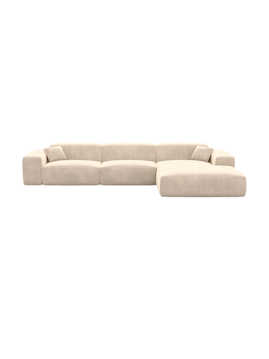 
Divano angolare di design a 4 posti „Alviera“ con funzione relax, rivestimento in velluto - Rivestimento in raso blu reale / Elemento angolare sinistro