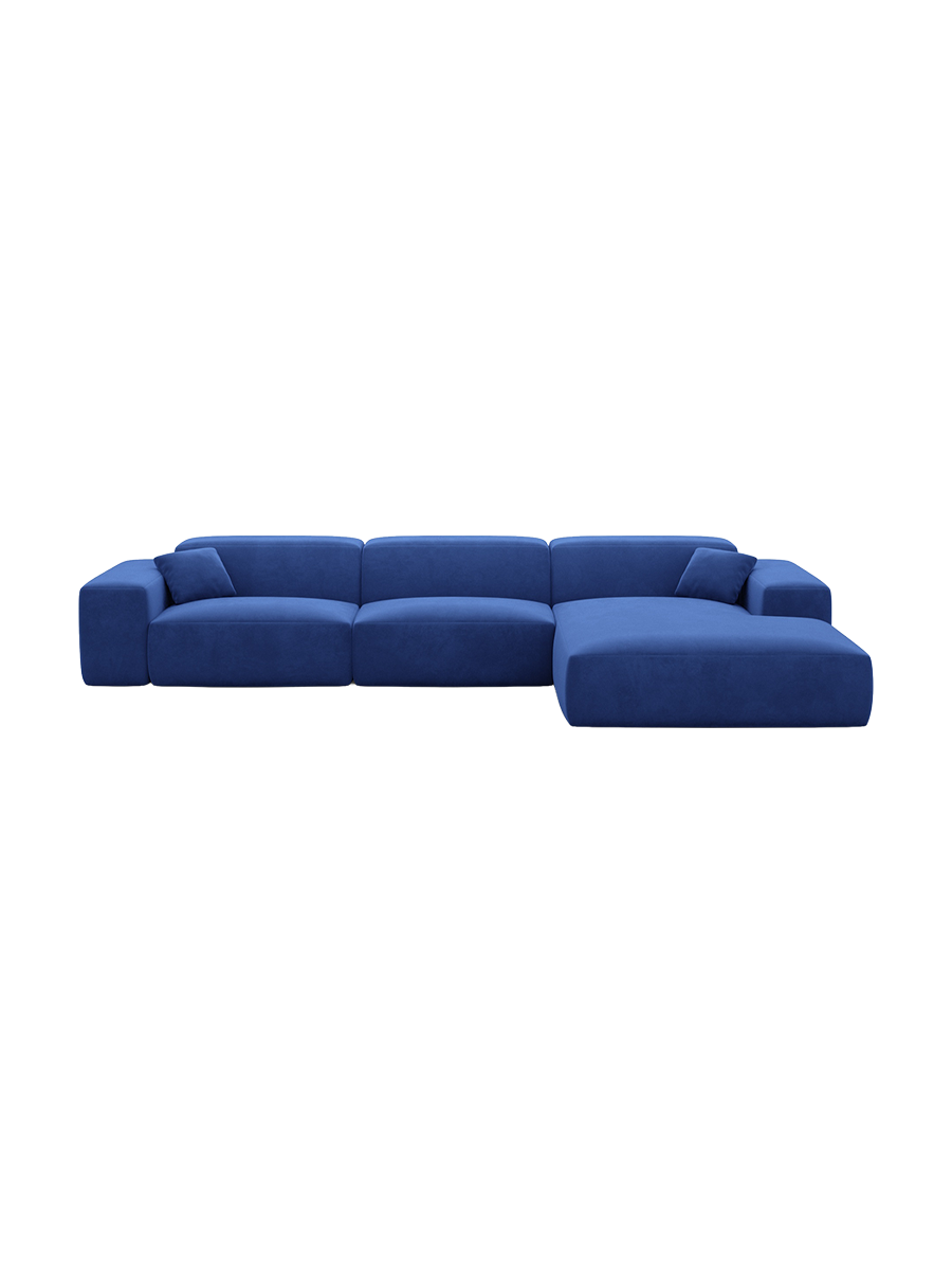 
Divano angolare di design a 4 posti „Alviera“ con funzione relax, rivestimento in velluto - Rivestimento in raso blu reale / Elemento angolare sinistro