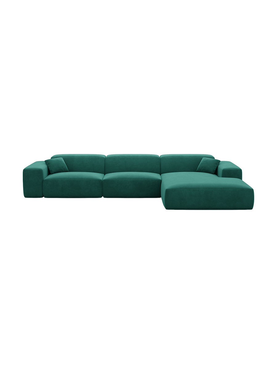 
Divano angolare di design a 4 posti „Alviera“ con funzione relax, rivestimento in velluto - Rivestimento in raso blu reale / Elemento angolare sinistro