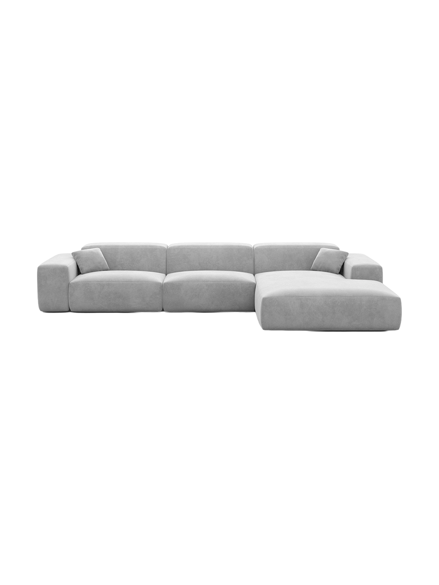 
Divano angolare di design a 4 posti „Alviera“ con funzione relax, rivestimento in velluto - Rivestimento in raso blu reale / Elemento angolare sinistro