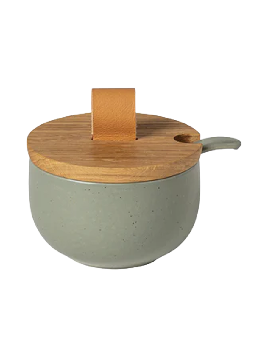 
Handmade "Pacifica" Sugar Bowl with Wooden Lid and Spoon - Artichoke Green