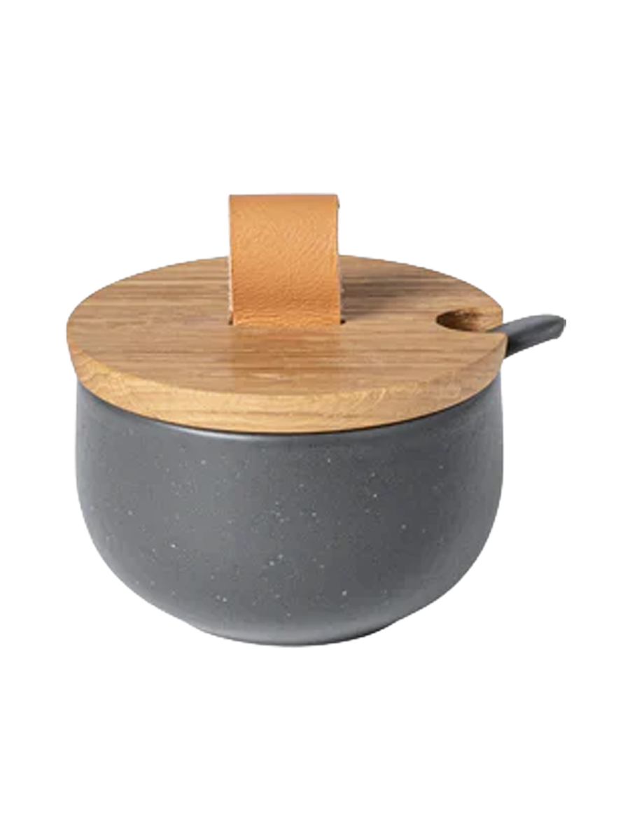 
Handmade "Pacifica" Sugar Bowl with Wooden Lid and Spoon - Sead Grey