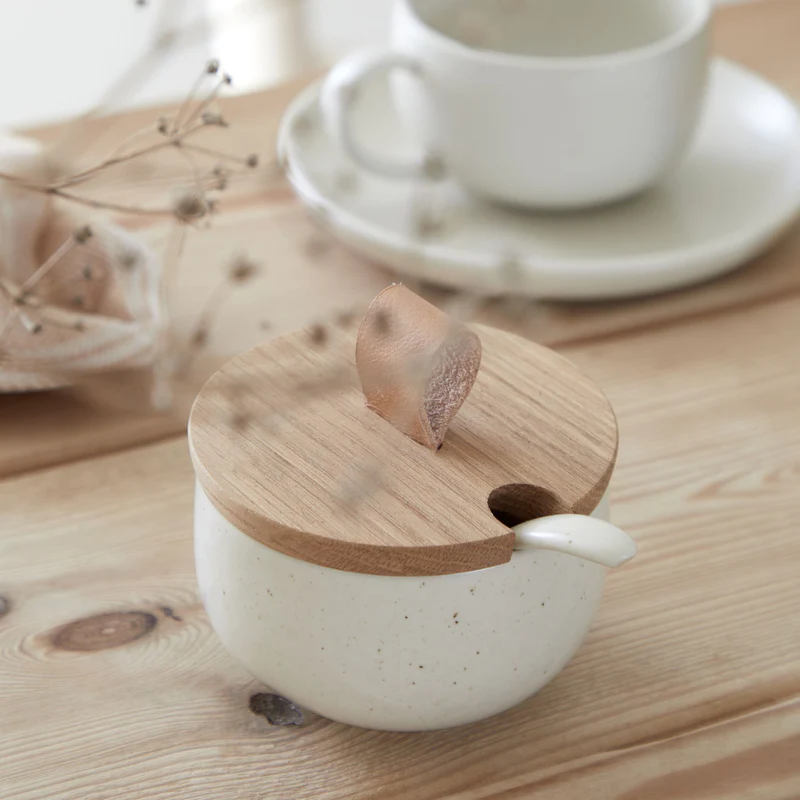 
Handmade "Pacifica" Sugar Bowl with Wooden Lid and Spoon - Vanilla