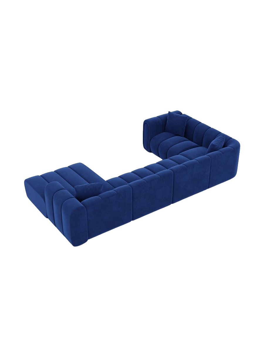 
6-seater designer panoramic sofa “Oliva” with velvet upholstery - Velvet cover Royal Blue / Long Side Left