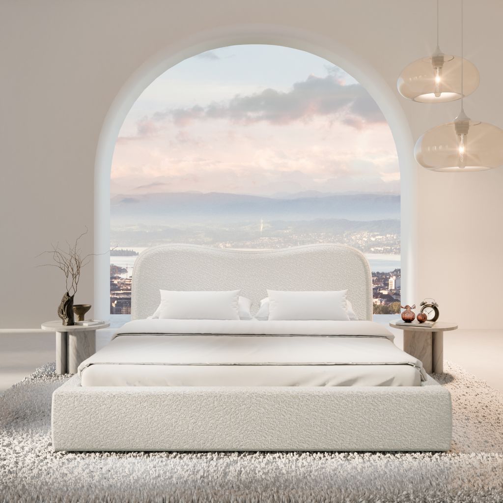 
Design Polsterbett „Yakamoz“ mit Ablagefach, Bouclé Weiss - 140 x 200 cm