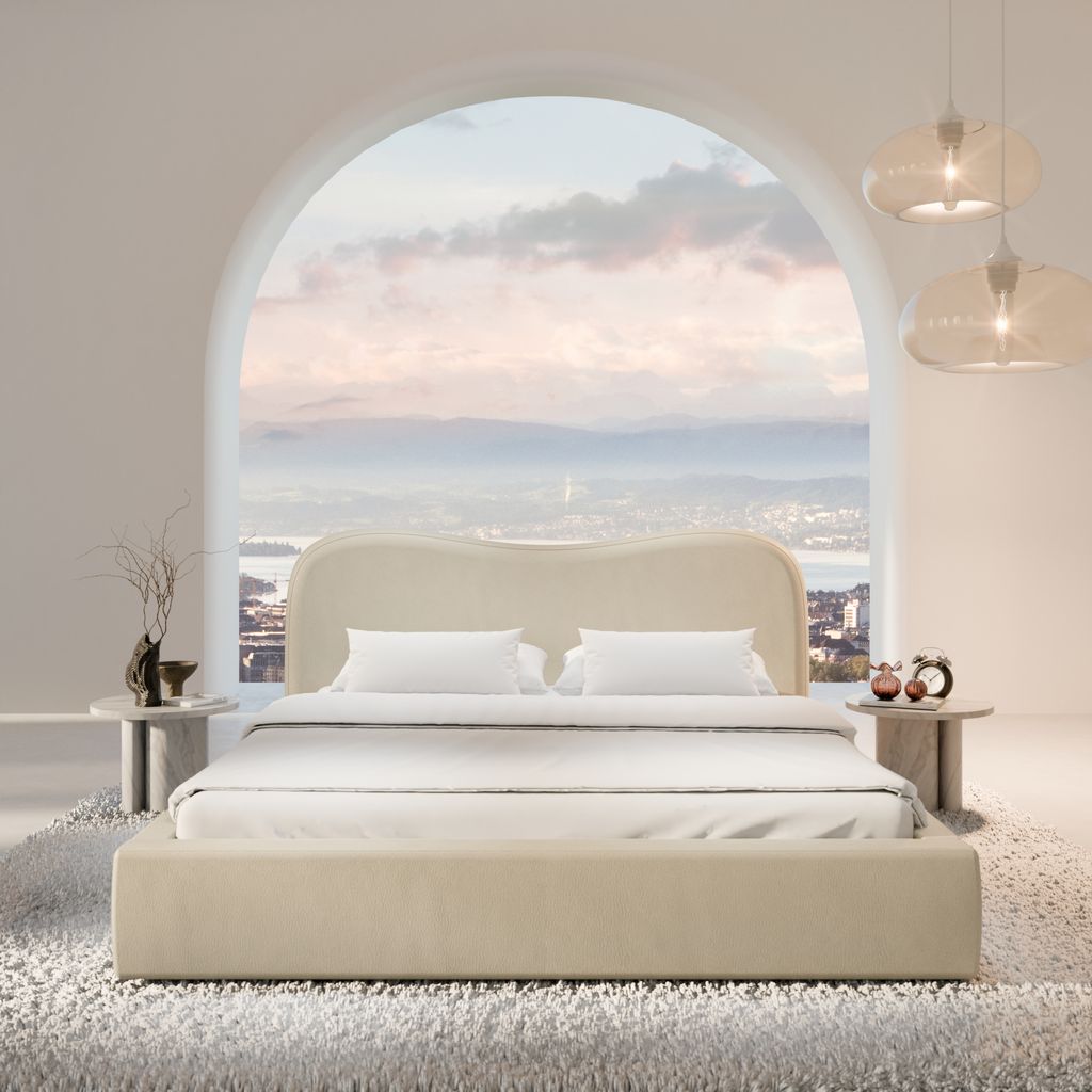 
Design Polsterbett „Yakamoz“ mit Ablagefach, Kunstleder Beige - 140 x 200 cm