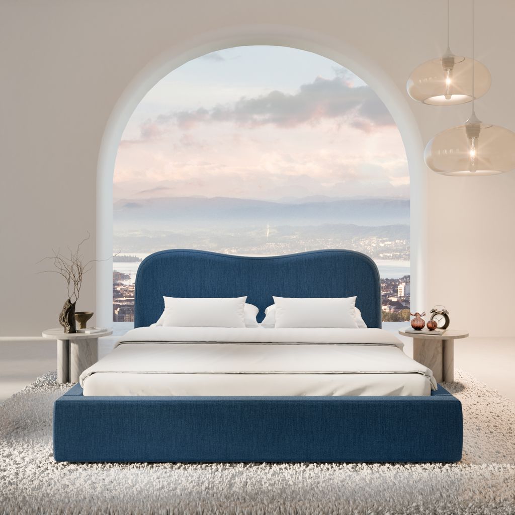 
Design Polsterbett „Yakamoz“ mit Ablagefach, Webstoff Dunkelblau - 140 x 200 cm
