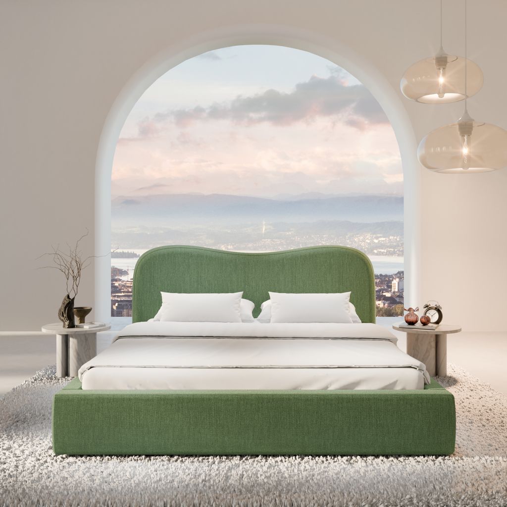 
Design Polsterbett „Yakamoz“ mit Ablagefach, Webstoff Grün - 140 x 200 cm