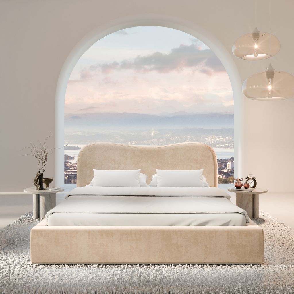
Design Polsterbett „Yakamoz“ mit Ablagefach, Samt Beige - 140 x 200 cm
