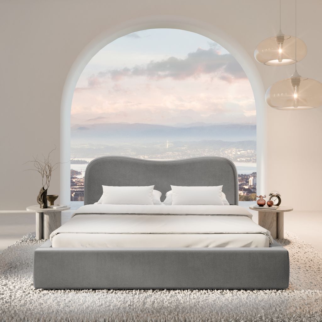 
Design Polsterbett „Yakamoz“ mit Ablagefach, Samt Grau - 140 x 200 cm