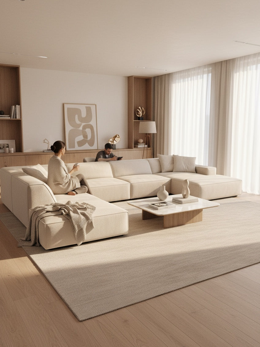 
Grosses 7-Sitzer Design Panoramasofa „Jodie“ - Samtbezug Soft Beige / Lange Seite links