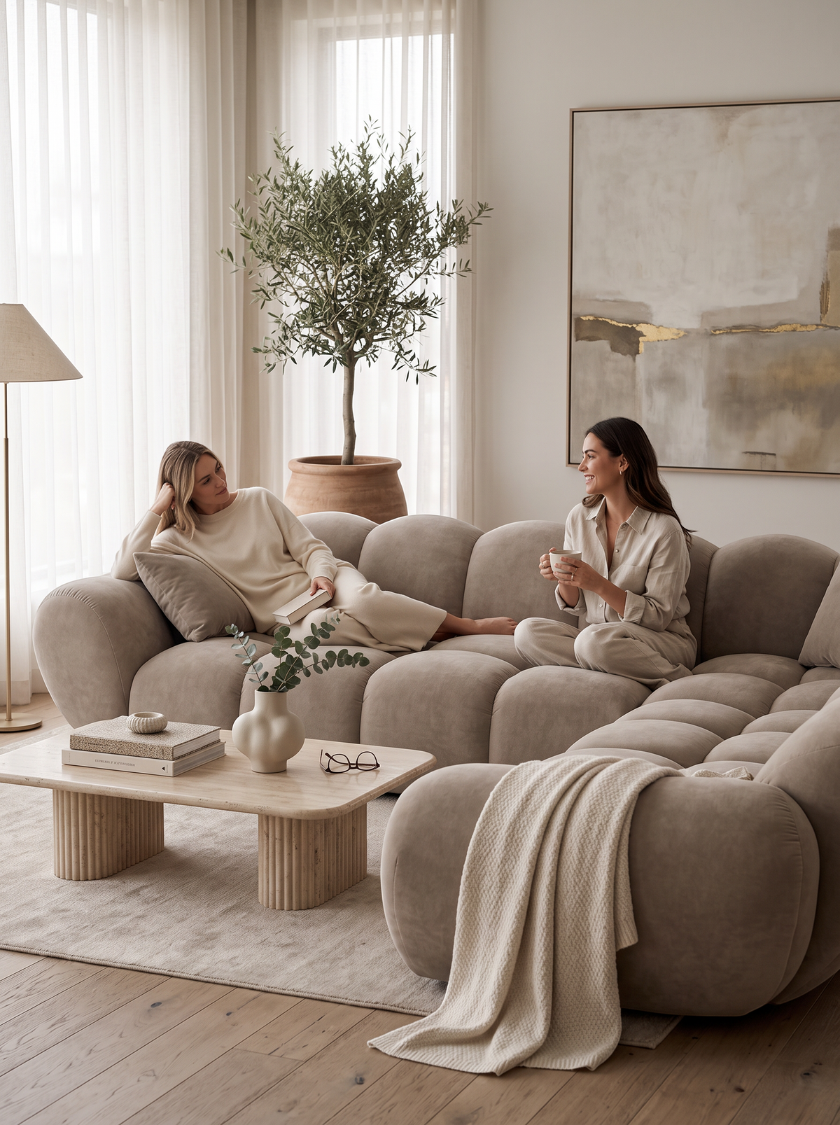
Divano angolare di design a 5 posti «Levante» con rivestimento in velluto - Rivestimento in velluto Beige scuro