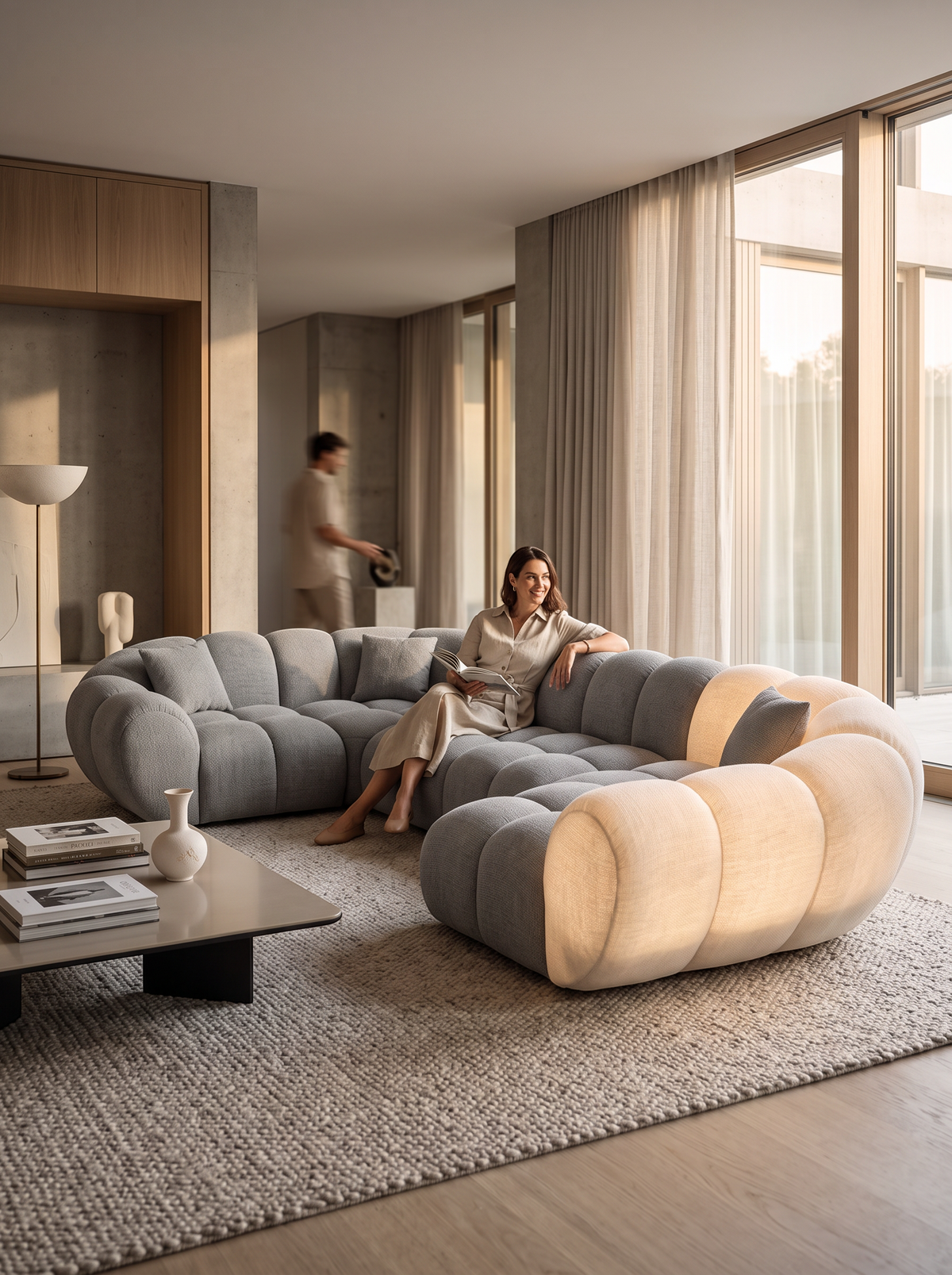 
Divano panoramico di design a 6 posti «Levante XL» con rivestimento in tessuto strutturato - Tessuto strutturato Grigio / Lato lungo a sinistra