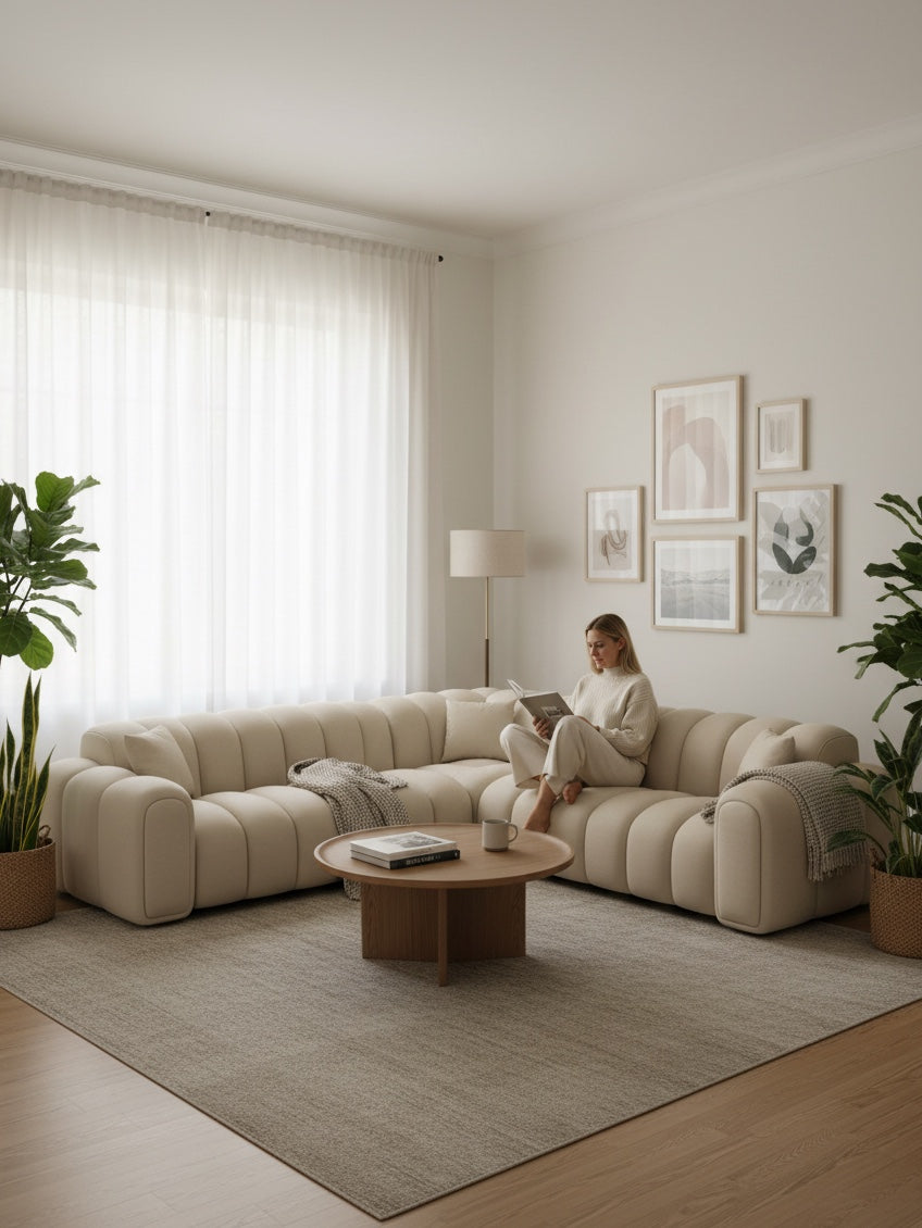 
Canapé d’angle design 5 places en cuir véritable « Casamira » - Cuir véritable Beige