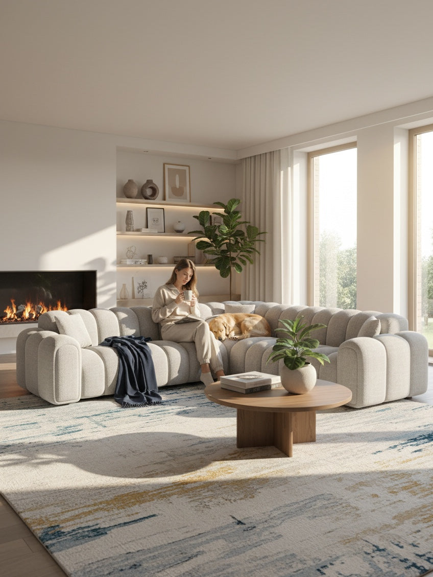 
Canapé d’angle design 5 places en cuir véritable « Casamira » - Cuir véritable Beige