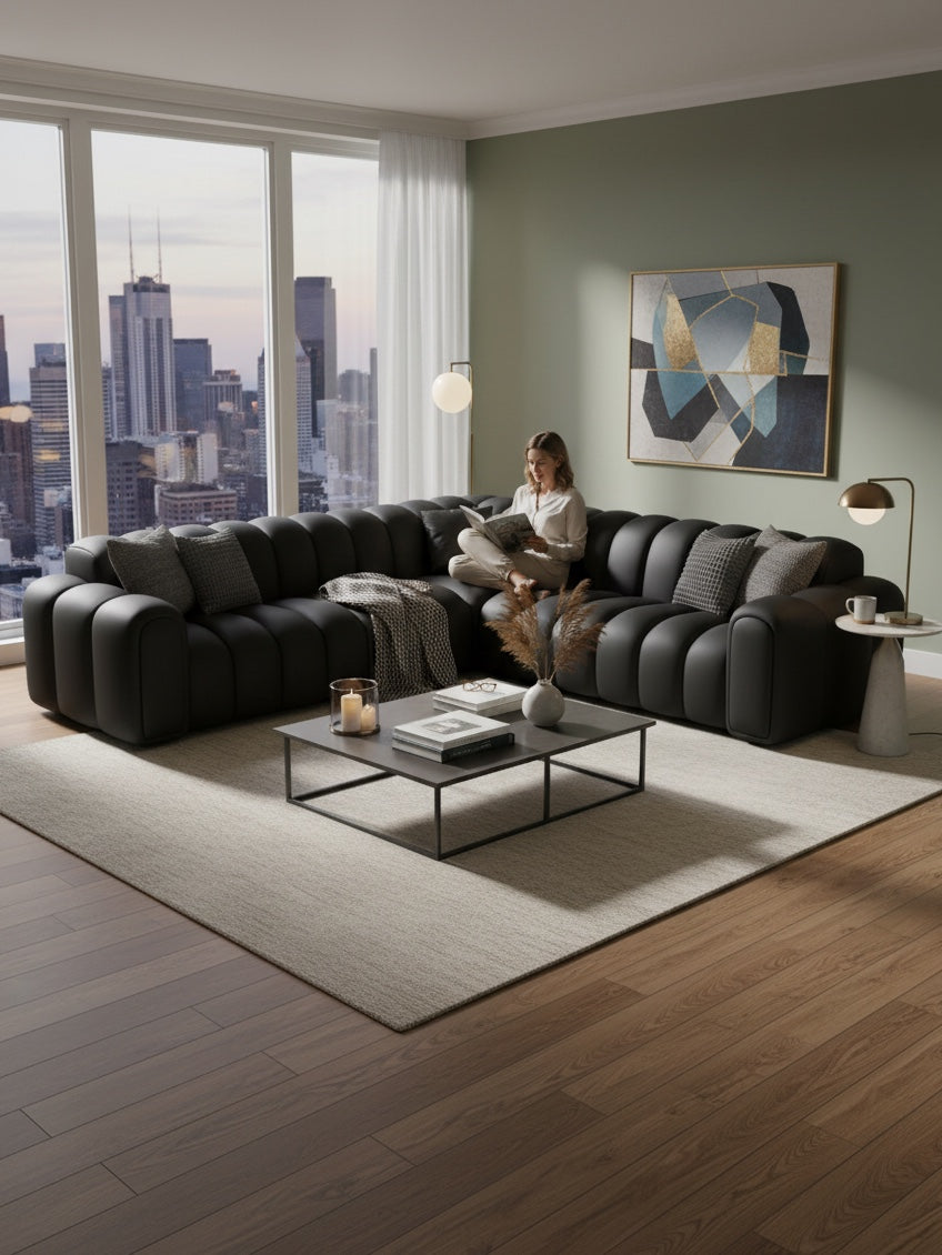 
Canapé d’angle design 5 places en cuir véritable « Casamira » - Cuir véritable Beige