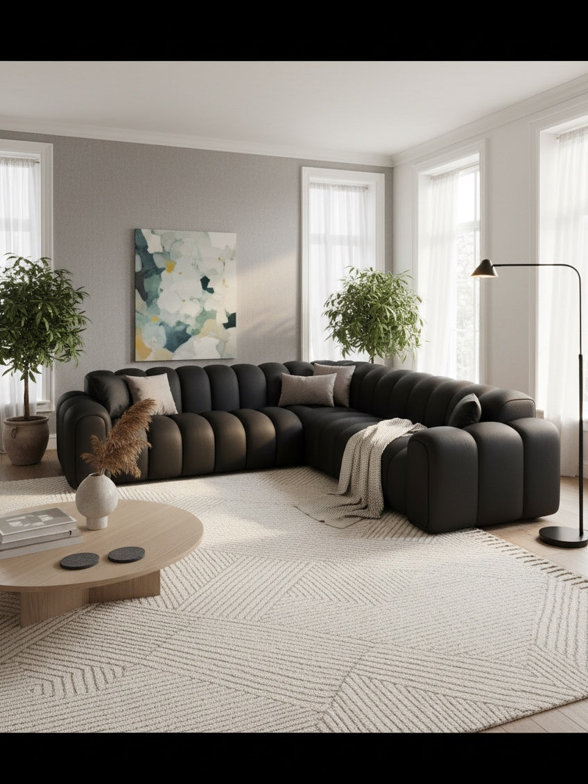 
Canapé d’angle design 5 places en cuir véritable « Casamira » - Cuir véritable Beige