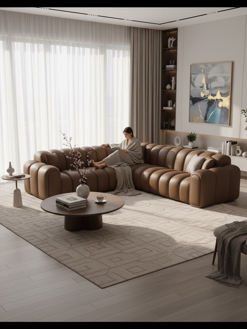
Canapé d’angle design 5 places en cuir véritable « Casamira » - Cuir véritable Beige