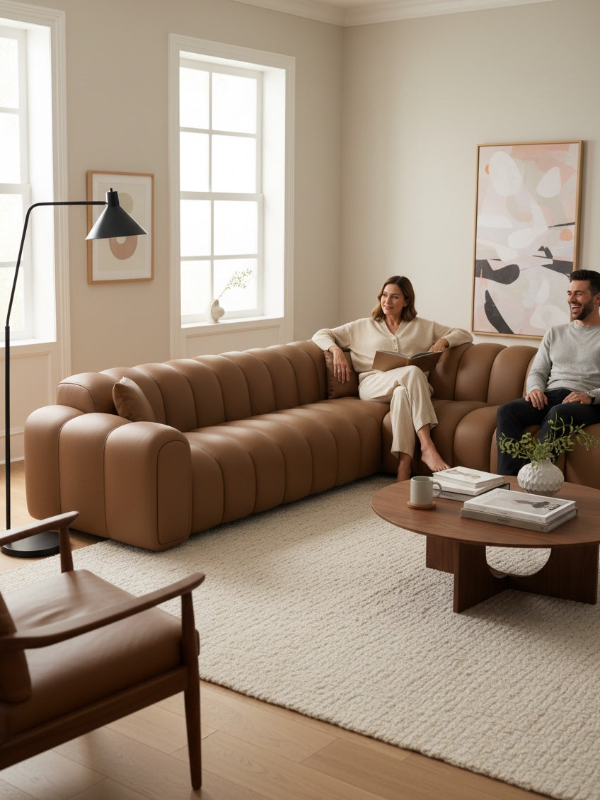 
Canapé d’angle design 5 places en cuir véritable « Casamira » - Cuir véritable Beige