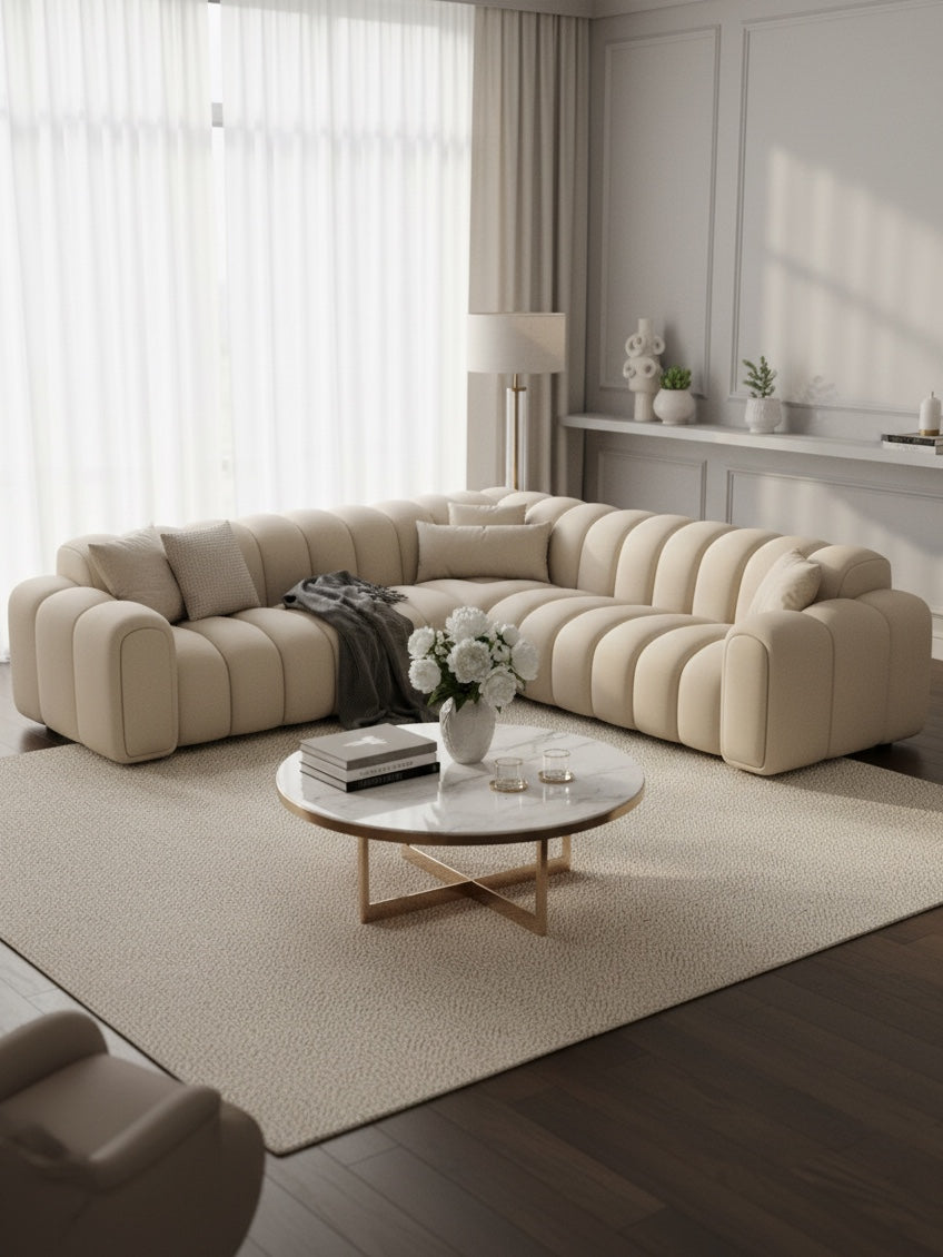 
Canapé d’angle design 5 places en cuir véritable « Casamira » - Cuir véritable Beige