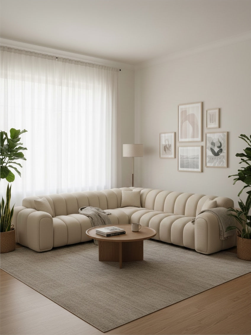 
Canapé d’angle design 5 places en cuir véritable « Casamira » - Cuir véritable Beige
