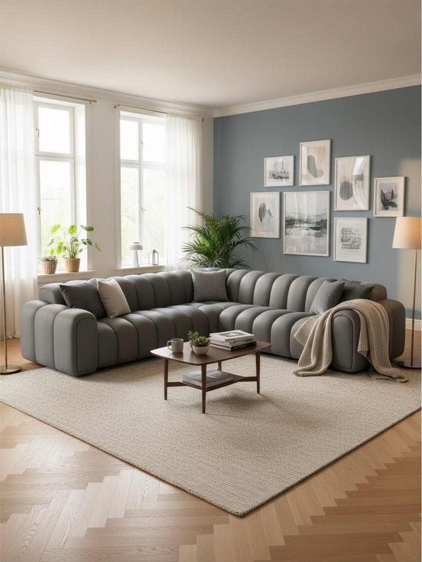 
Canapé d’angle design 5 places en cuir véritable « Casamira » - Cuir véritable Beige