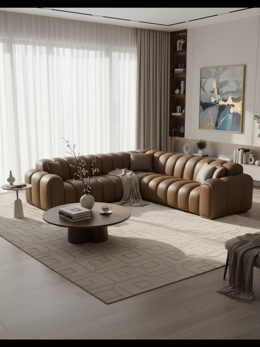
Canapé d’angle design 5 places en cuir véritable « Casamira » - Cuir véritable Beige