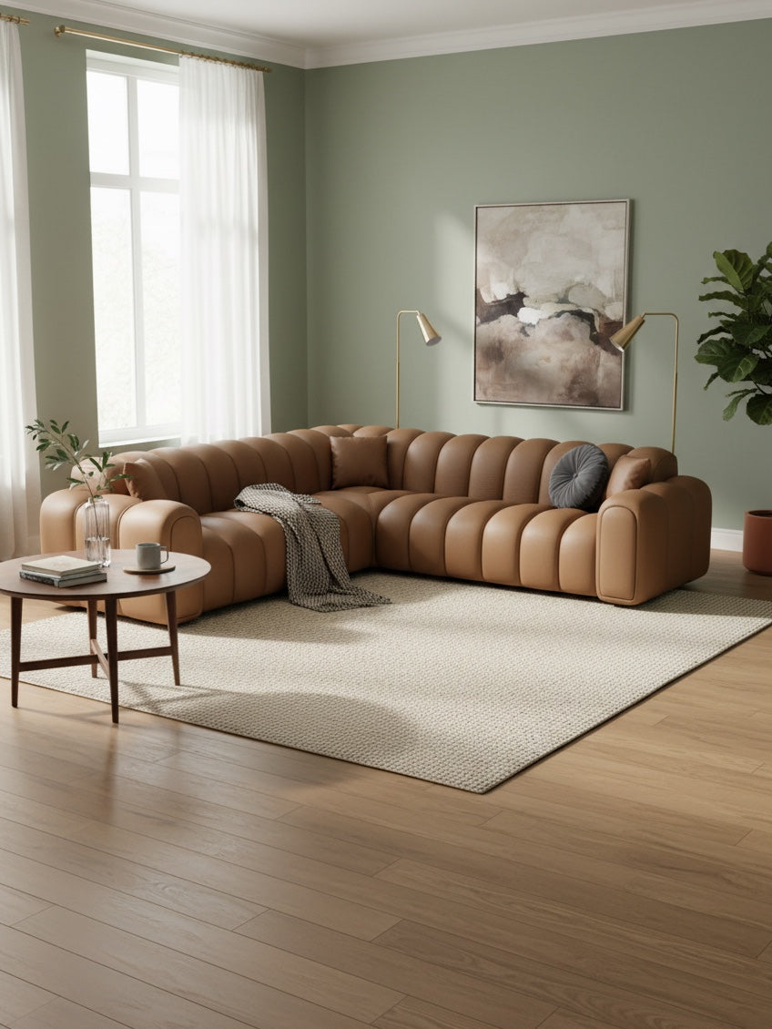 
Canapé d’angle design 5 places en cuir véritable « Casamira » - Cuir véritable Beige
