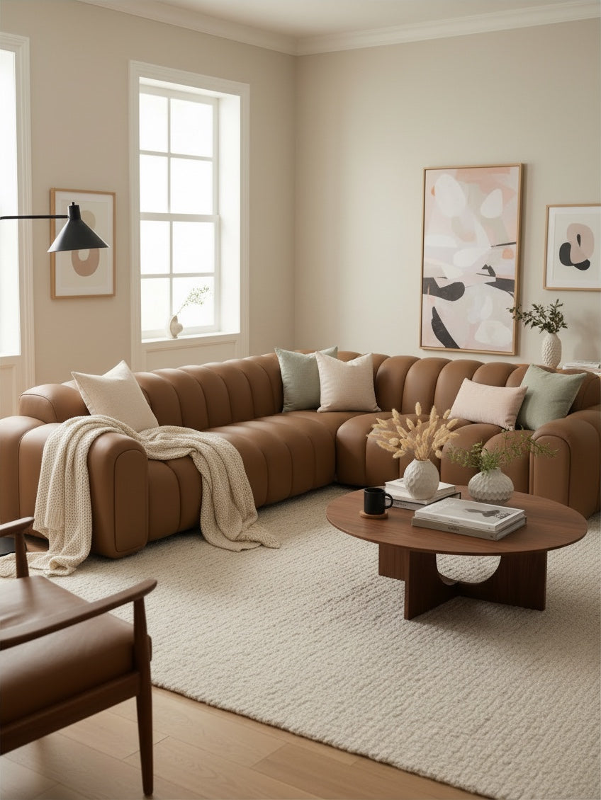 
Canapé d’angle design 5 places en cuir véritable « Casamira » - Cuir véritable Beige