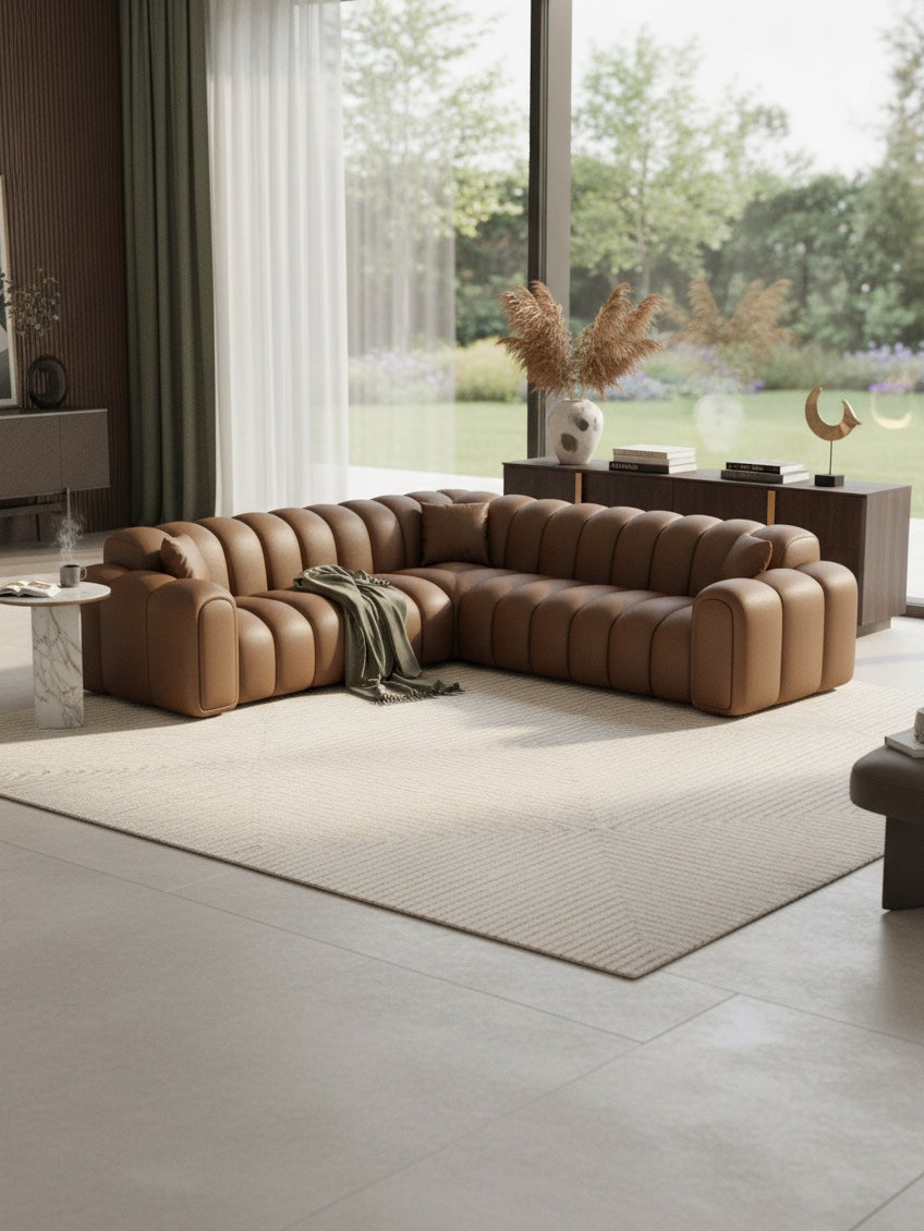 
Canapé d’angle design 5 places en cuir véritable « Casamira » - Cuir véritable Beige