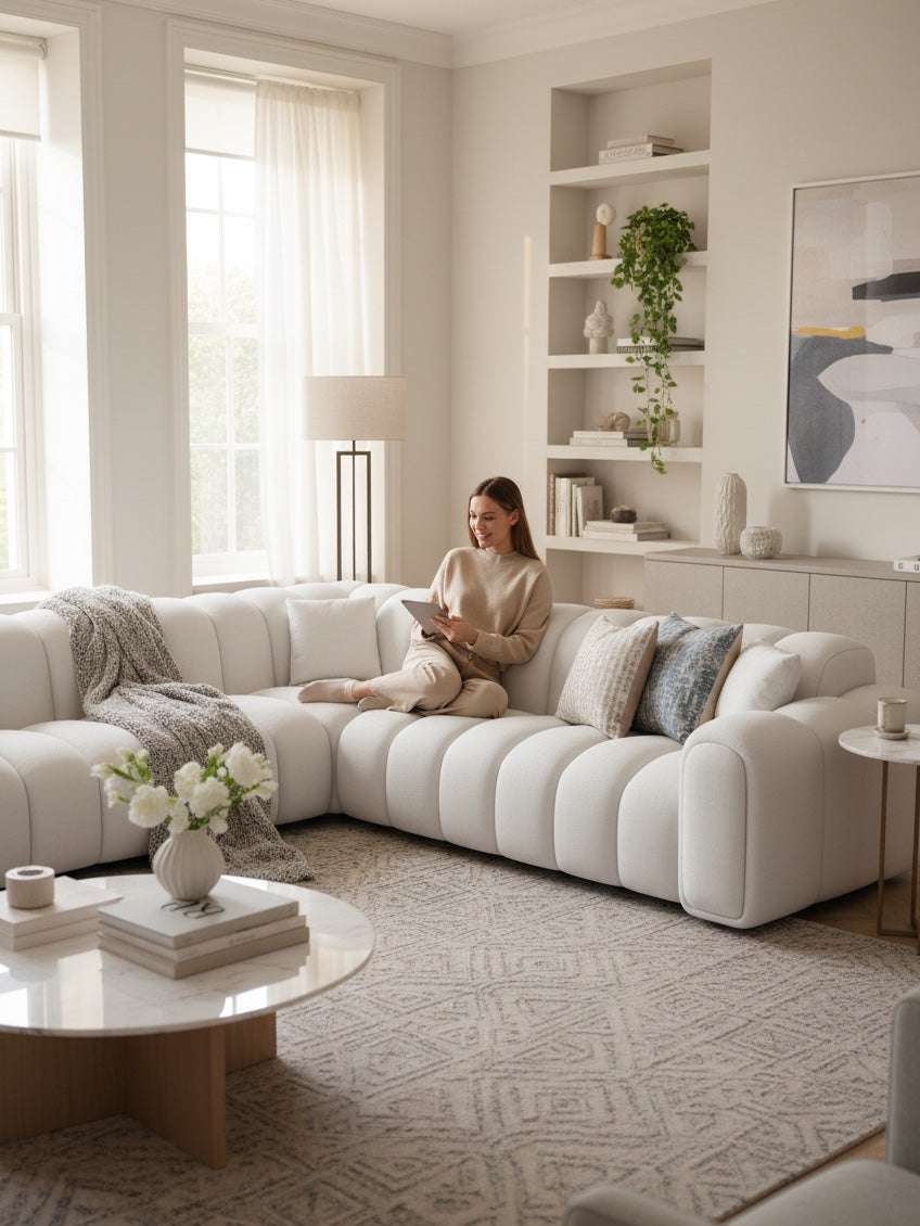 
Canapé d’angle design 5 places en cuir véritable « Casamira » - Cuir véritable Beige